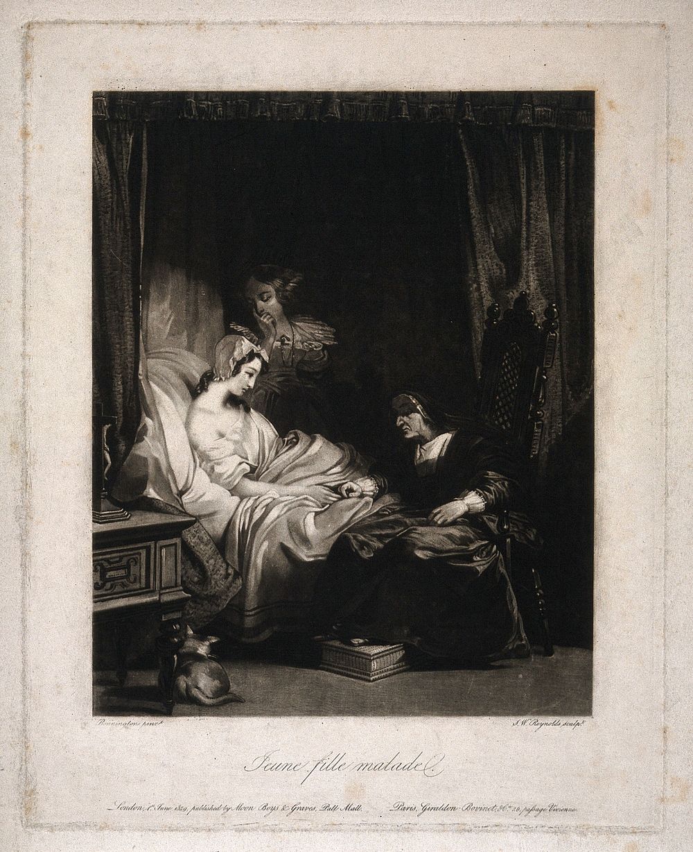 A sick girl in bed being counselled by a nun while another woman looks anxious. Mezzotint by S.W. Reynolds, 1829, after R.P.…
