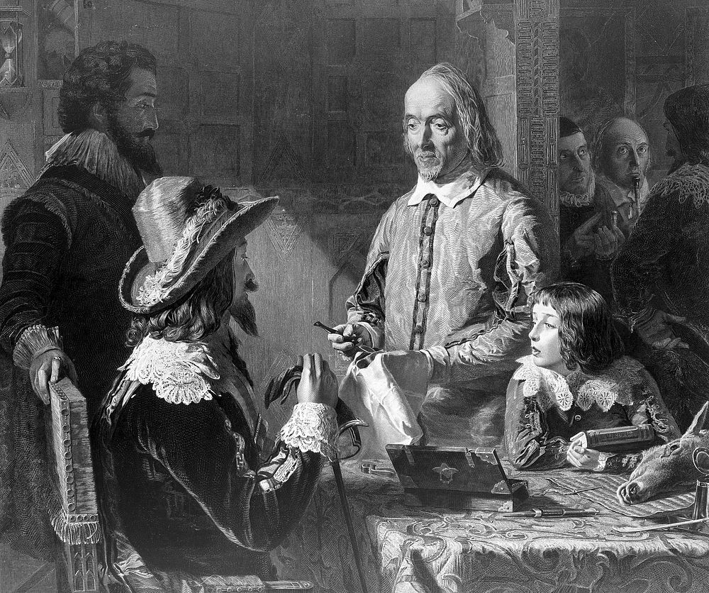William Harvey demonstrating the palpitations of the foetal heart of a deer to Charles I. Engraving by H. Lemon, 1851, after…