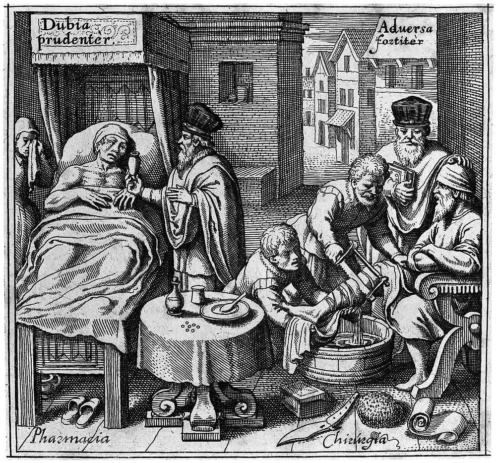 A physician giving a medicine to a sick man in bed, and a surgeon, supervised by a physician, amputating the leg of seated…
