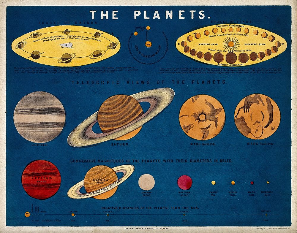 Astronomy: a diagram of the relative sizes of the planets. Coloured lithograph by Standidge & Co Litho.