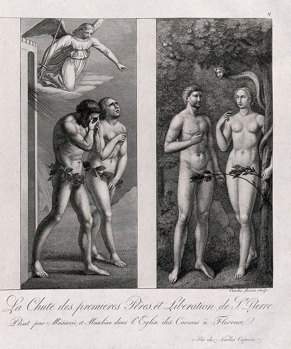 The Fall: Adam and Eve driven out by the Angel for eating the forbidden fruit. Etching by C. Lasinio after Masaccio and…