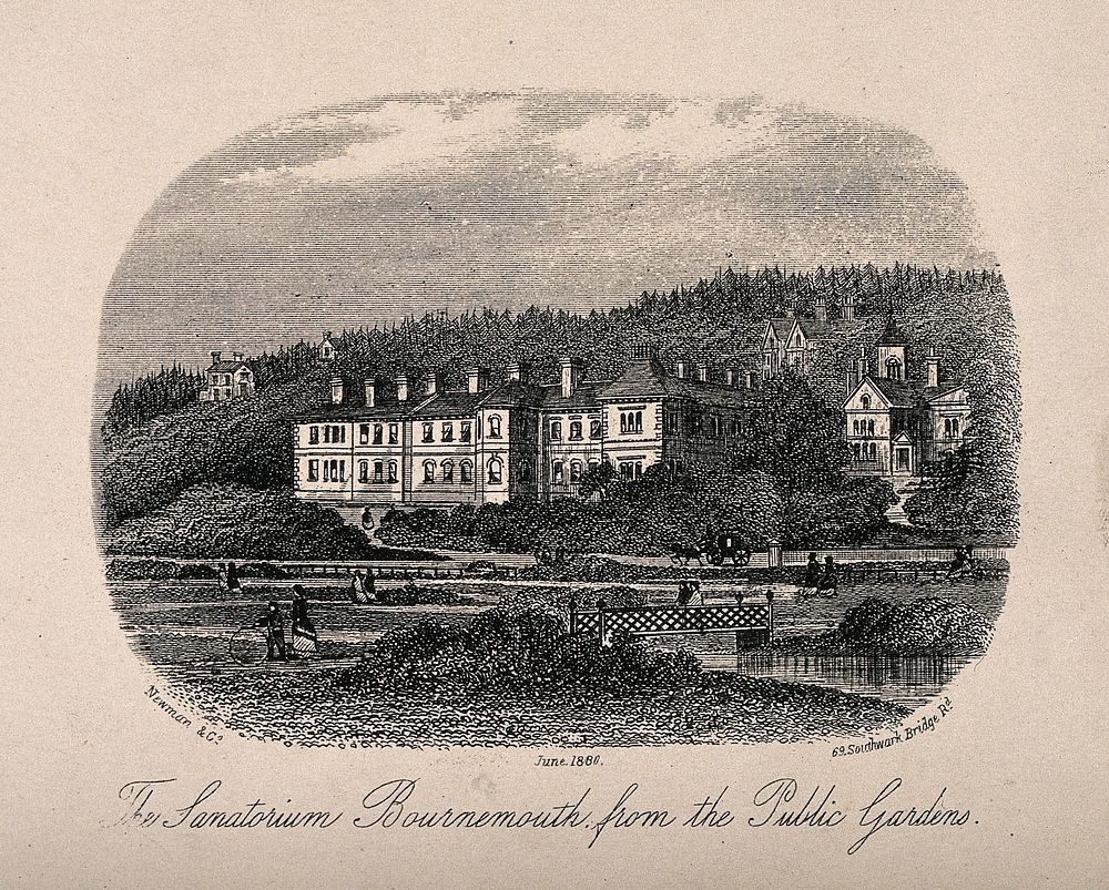 The Sanatorium and grounds, Bournemouth. Photolithograph after an etching.