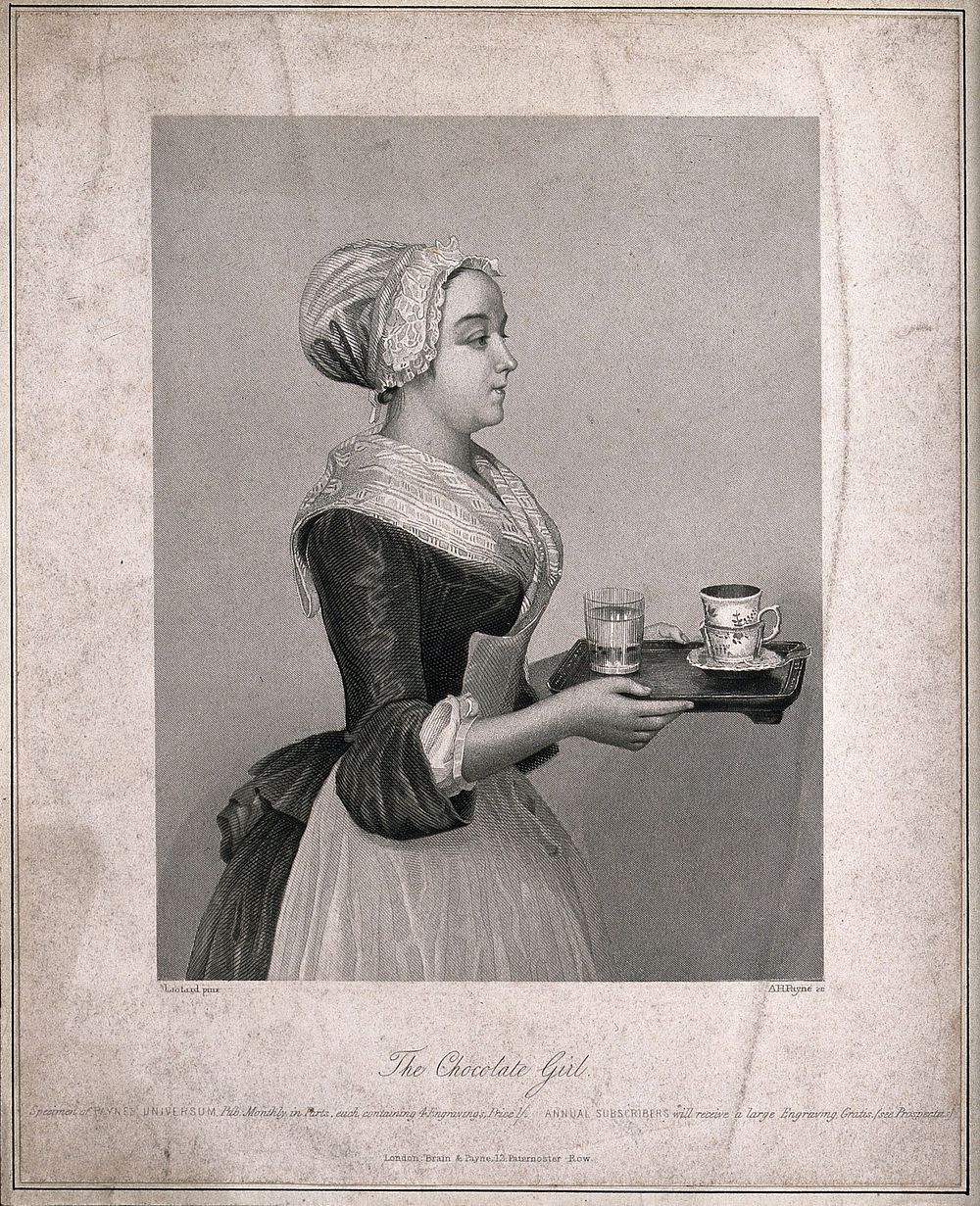 A pretty maid carrying drinking chocolate on a tray. Stipple engraving by A. H. Payne after Liotard, c. 1743.