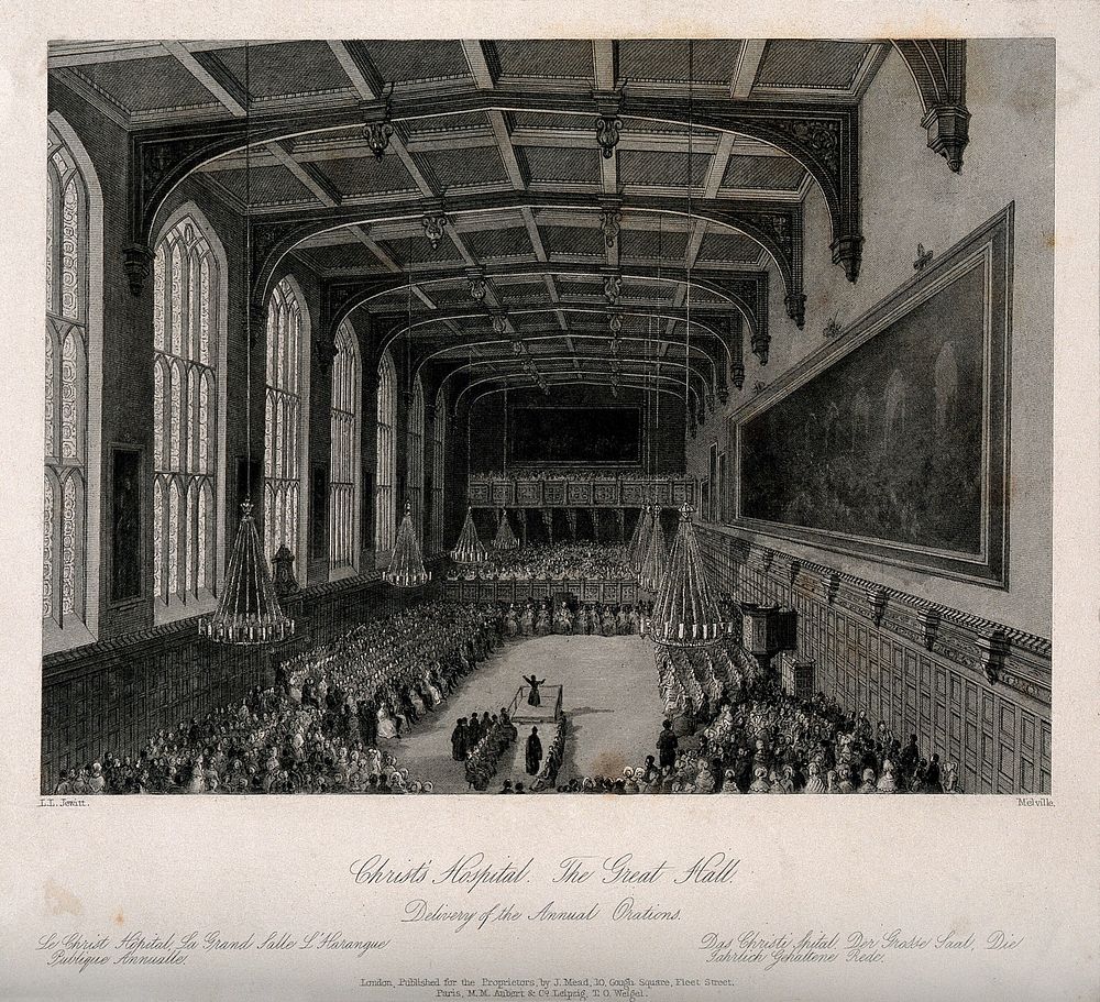 Christ's Hospital, London: the interior of the Hall. Engraving by Ll.. Jewitt after H. S. Melville.
