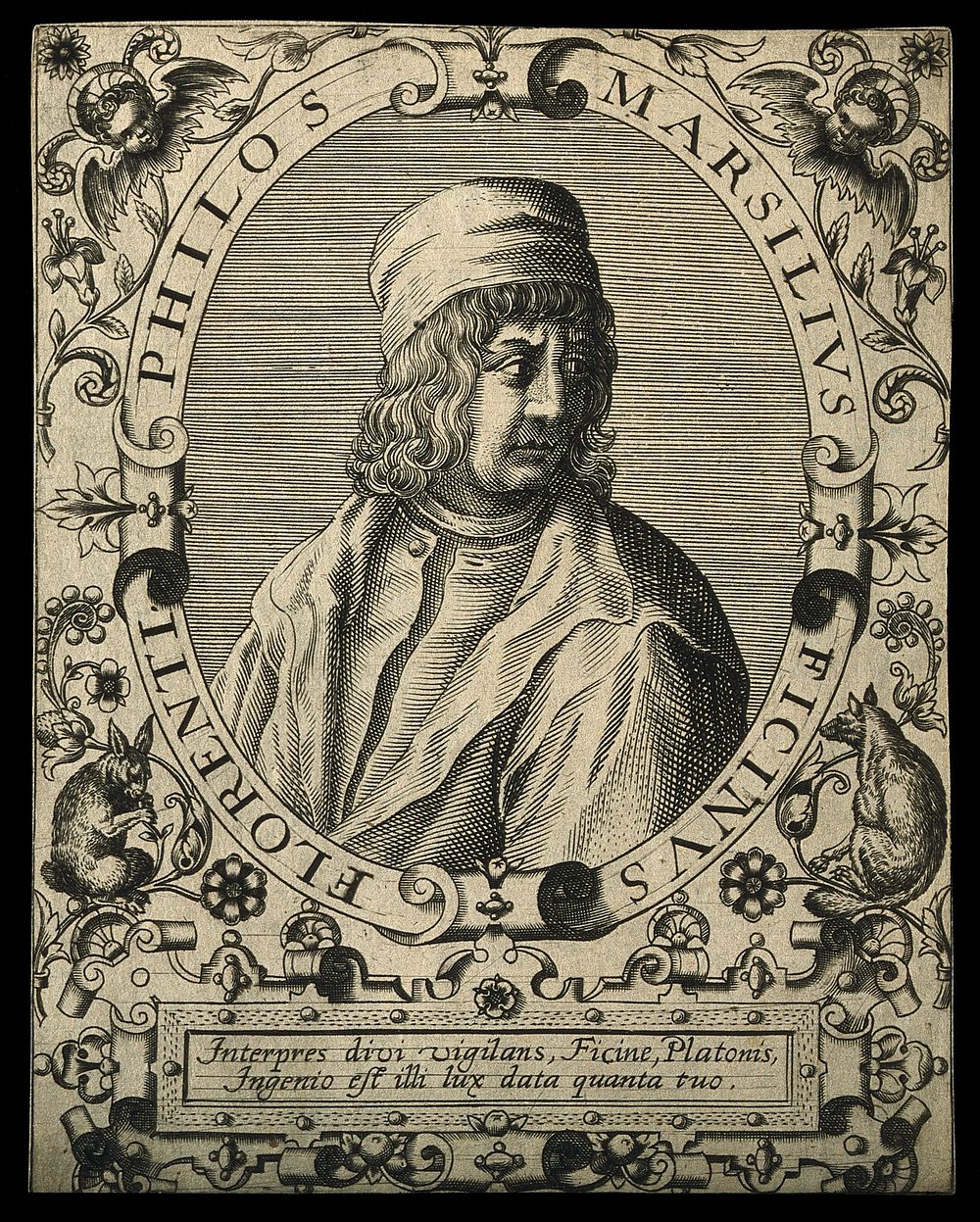 Marsilius Ficinus. Line engraving by T. de Bry, 1645.