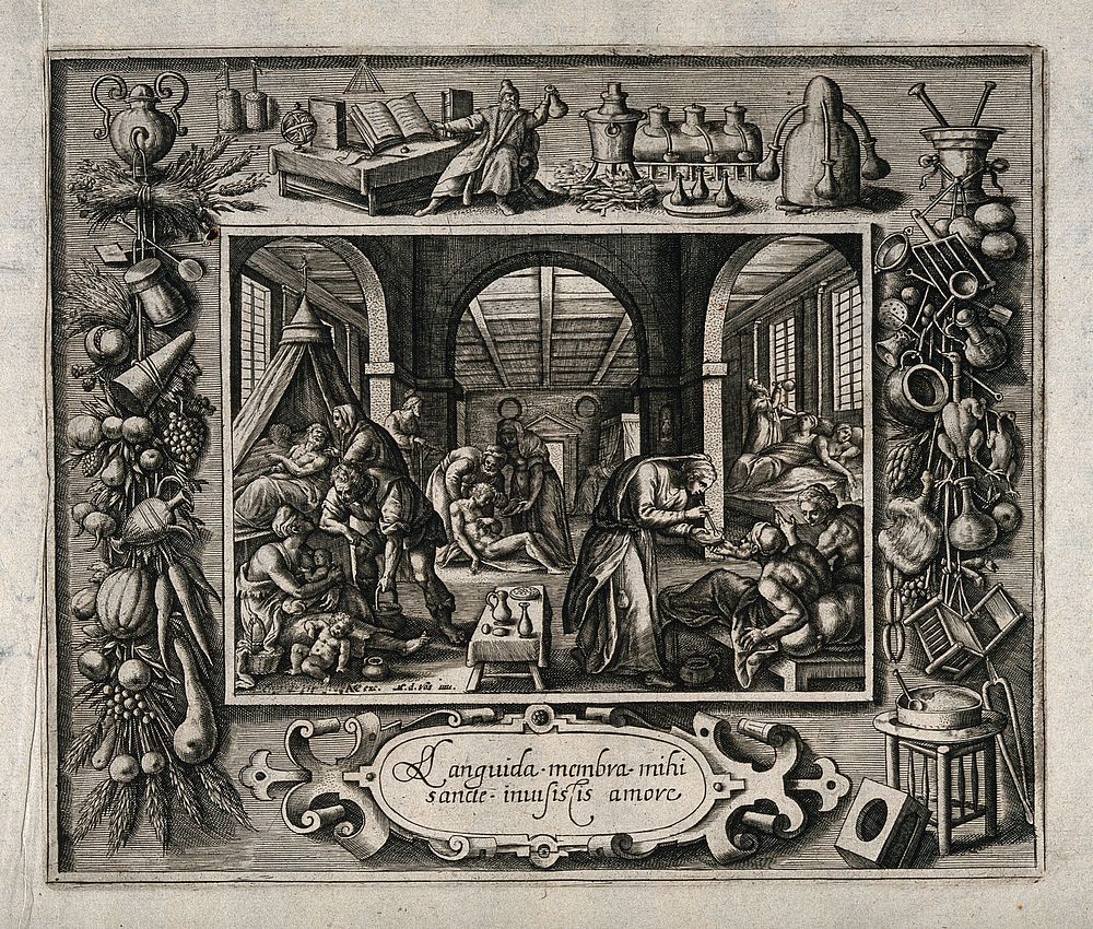 Patients being tended and treated by nurses and physicians on a hospital ward. Line engraving by C. de Passe after M. de Vos.