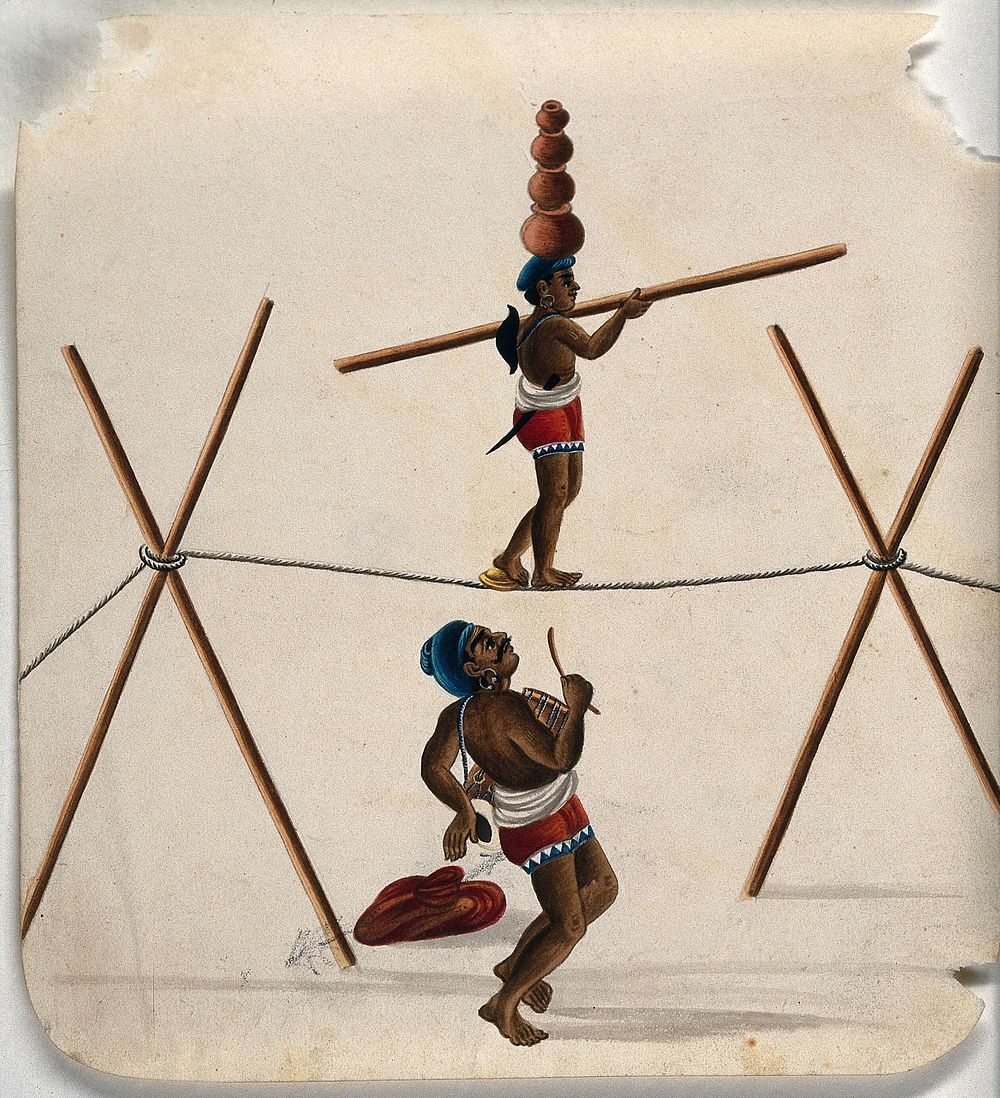 An acrobat walking a tightrope with four mud pots on his head while a musician looks on. Gouache painting by an Indian…