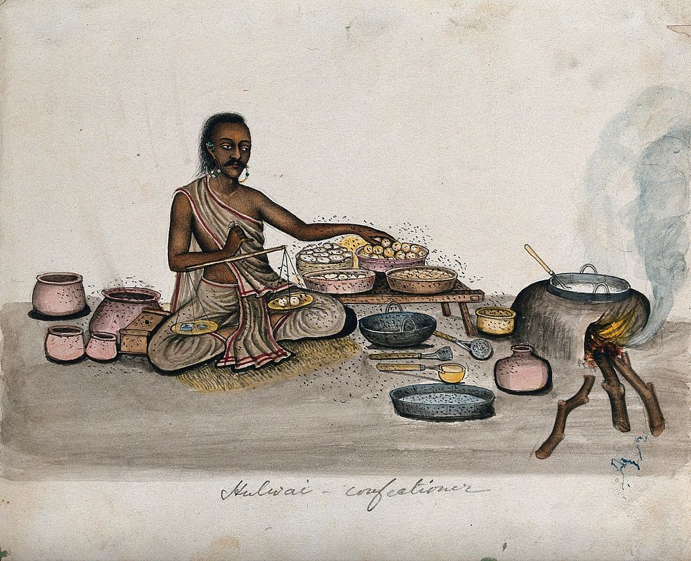 A halwai (sweet maker) weighing some mithai (sweets). Watercolour by an Indian artist.
