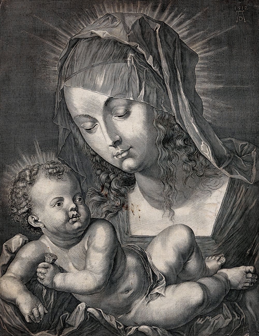 Saint Mary (the Blessed Virgin) with the Christ Child. Line engraving after A. Dürer, 1512.