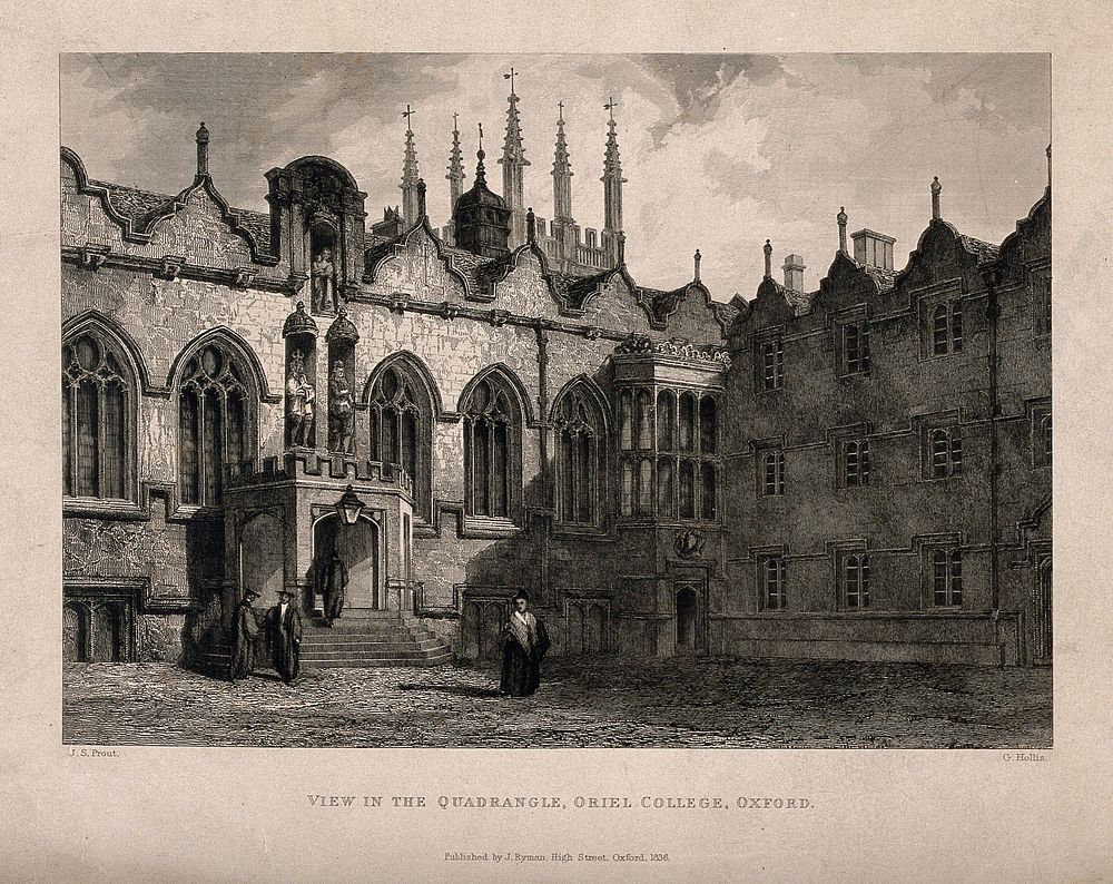 Oriel College, Oxford: quadrangle. Line engraving by G. Hollis, 1836, after J.S. Prout.