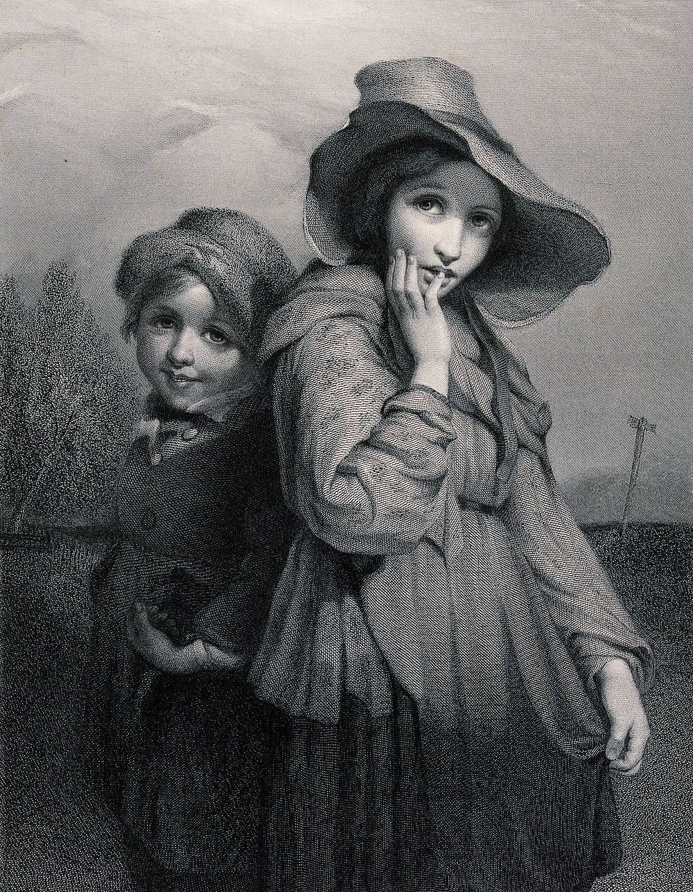 Two young children in ragged clothing learning to beg for money. Engraving by H. Bourne after R. Rothwell.