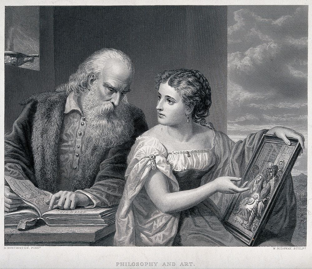A bearded old man and a young woman representing Philosophy and Art respectively: he points to a book about mechanics and…