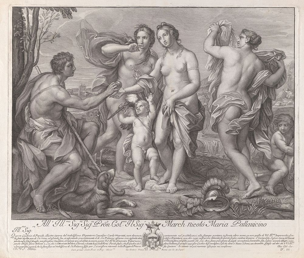 The judgment of Paris. Engraving by G.G. Frezza, 1708, after C. Maratta.