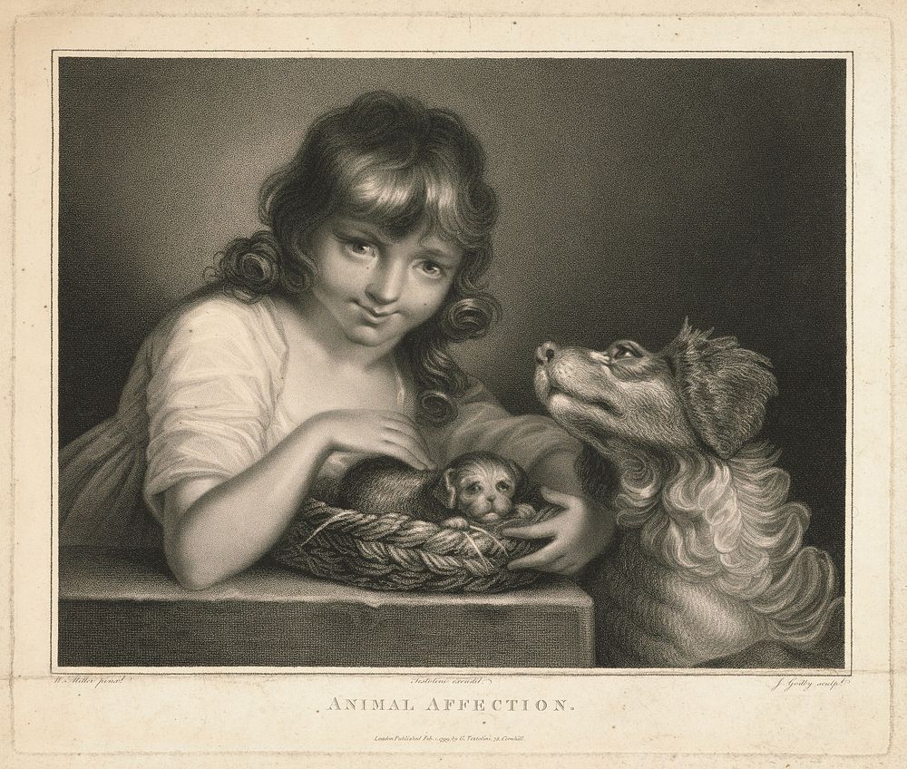 A girl stroking a puppy, and being nudged with affection by the puppy's mother. Stipple engraving by J. Godby, 1799, after…