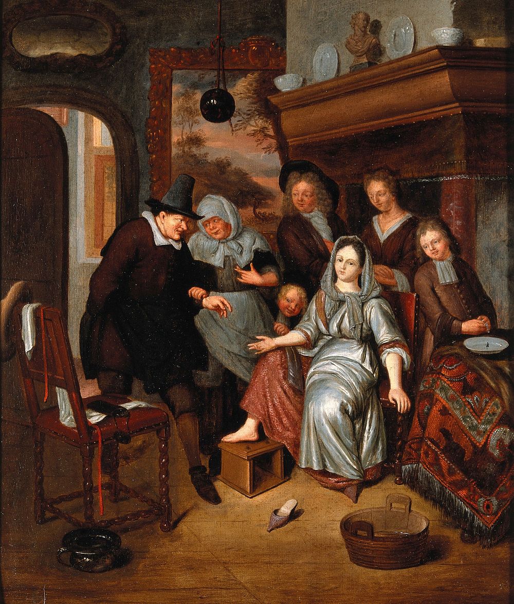 A surgeon preparing to let blood from the foot of a girl, in the presence of five other figures. Oil painting after Richard…