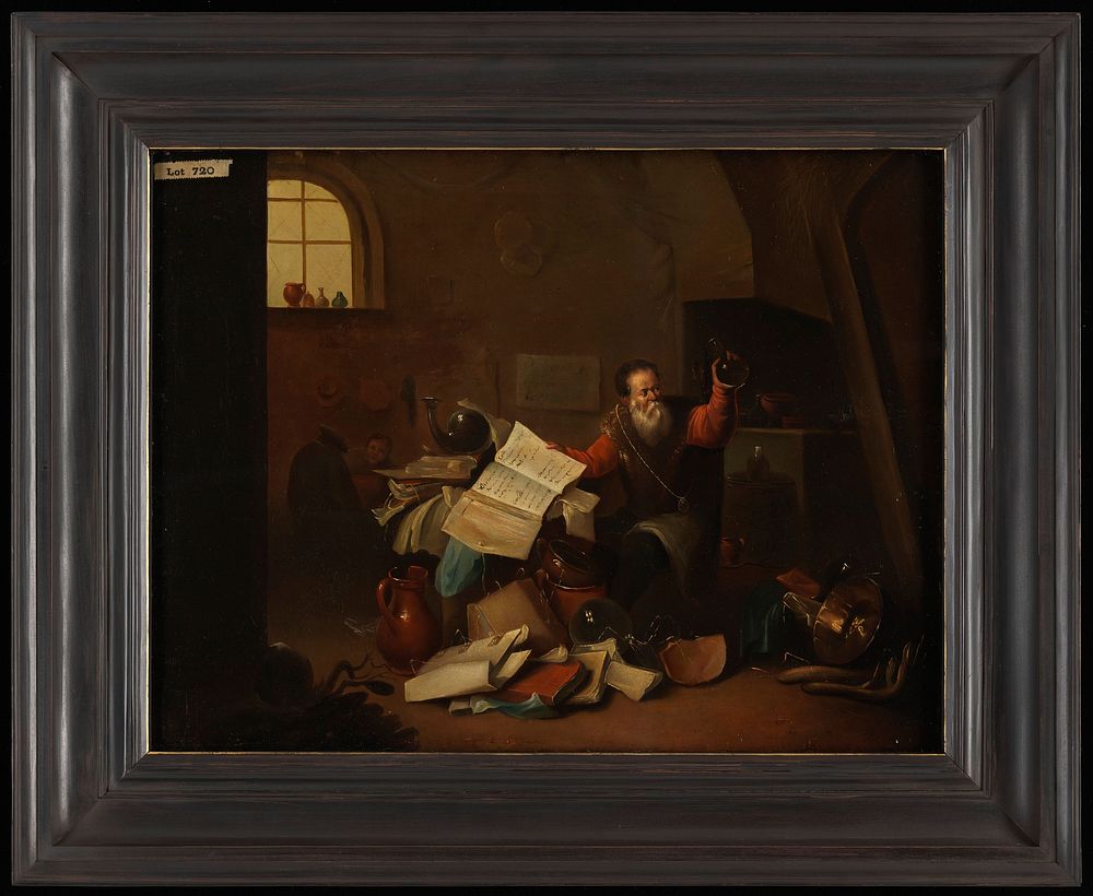An alchemist in his laboratory. Oil painting after D. Teniers II.