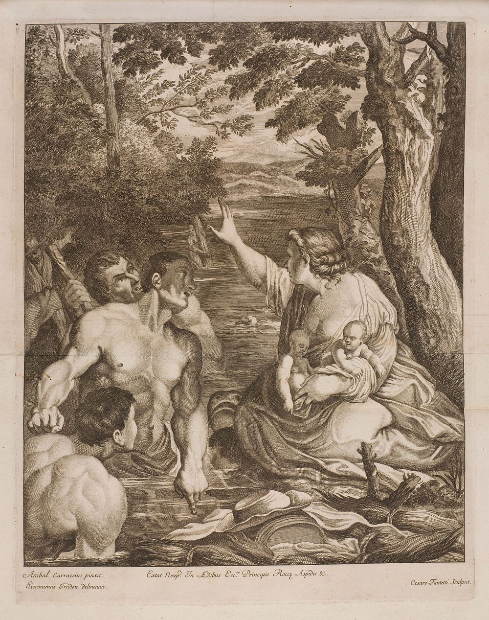 A woman rescuing twin babies from a river. Engraving by C. Fantetti after Hieronymus Trudon after Annibale Carracci.