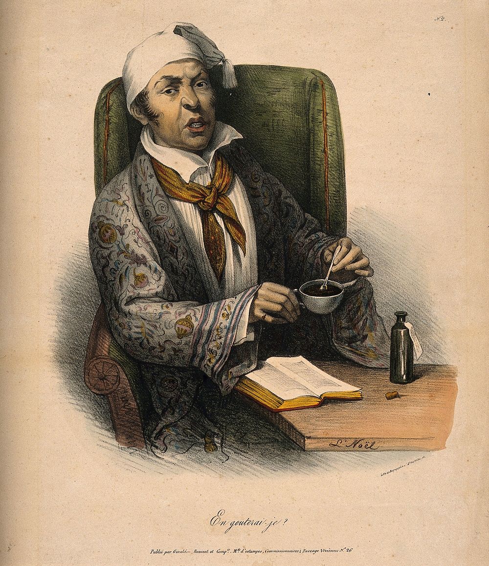 A tentative patient asks whether he will be able to taste his medicine. Coloured lithograph by A.L. Noël.