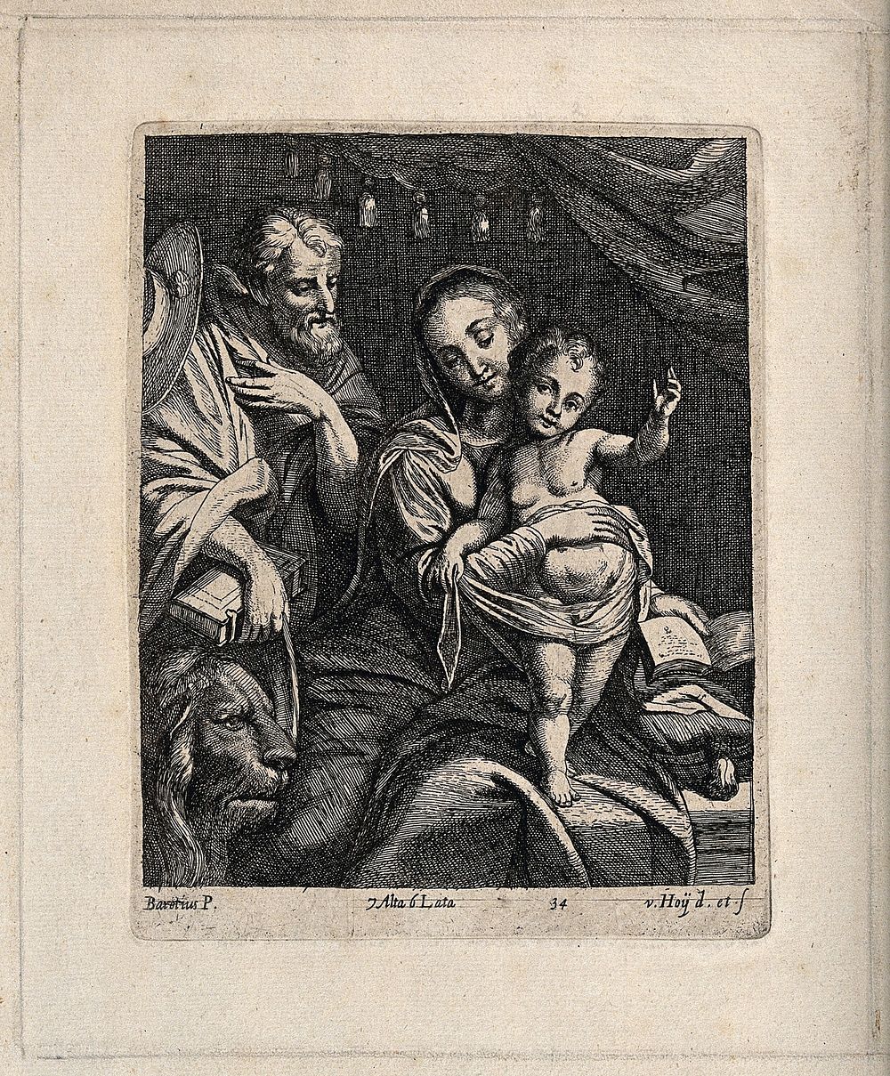 Saint Mary (the Blessed Virgin) with the Christ Child and Saint Jerome. Etching by N. van Hoy after F. Barocci.
