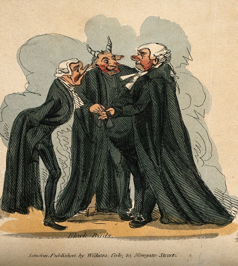 A physician, a lawyer and a vicar; represented as outlandish figures. Coloured etching.