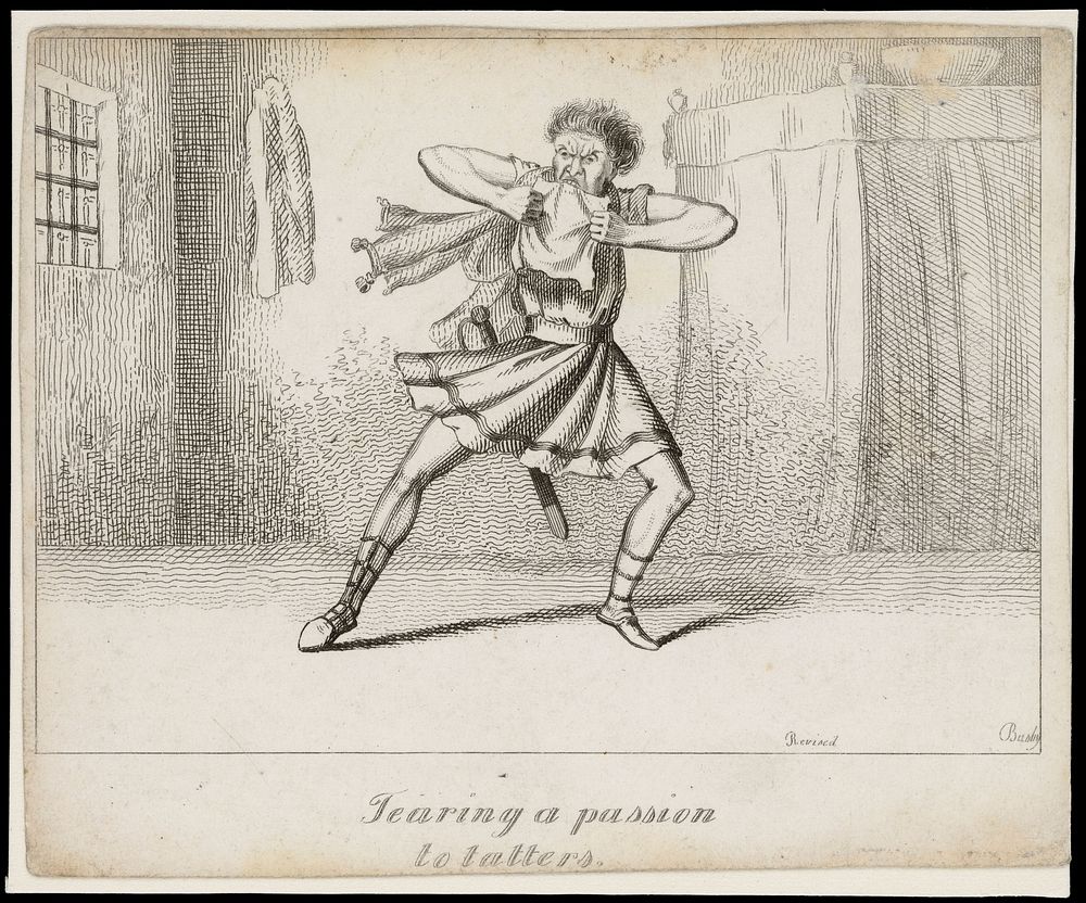 A lunatic in a barred cell imagines himself to be a leading actor in a melodrama. Etching by T.L. Busby, ca. 1826.