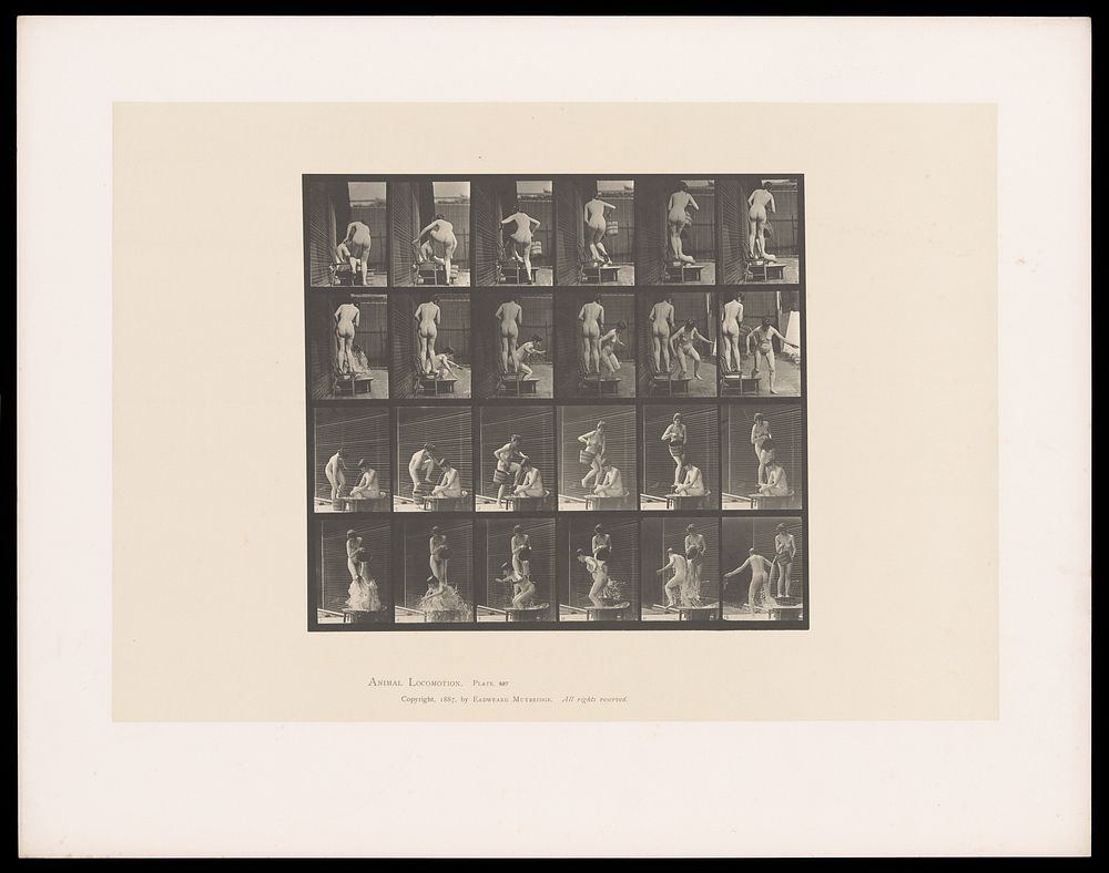 A naked woman climbs onto a chair and pours a bucket of water over another. Collotype after Eadweard Muybridge, 1887.