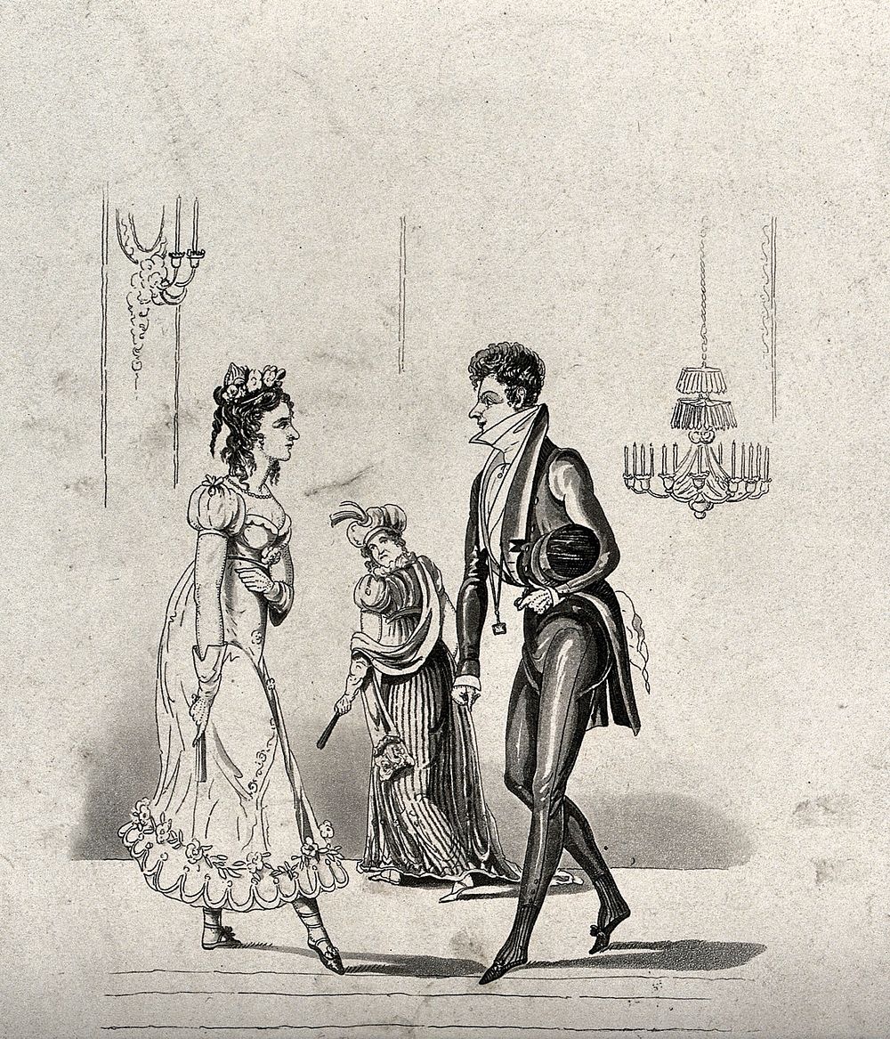 A young couple face one another during a dance watched with interest by another woman in the background. Etching and…