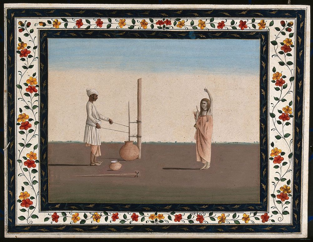A man churning milk, whilst a sadhu (holy man) stands in front of him. Gouache painting by an Indian artist.