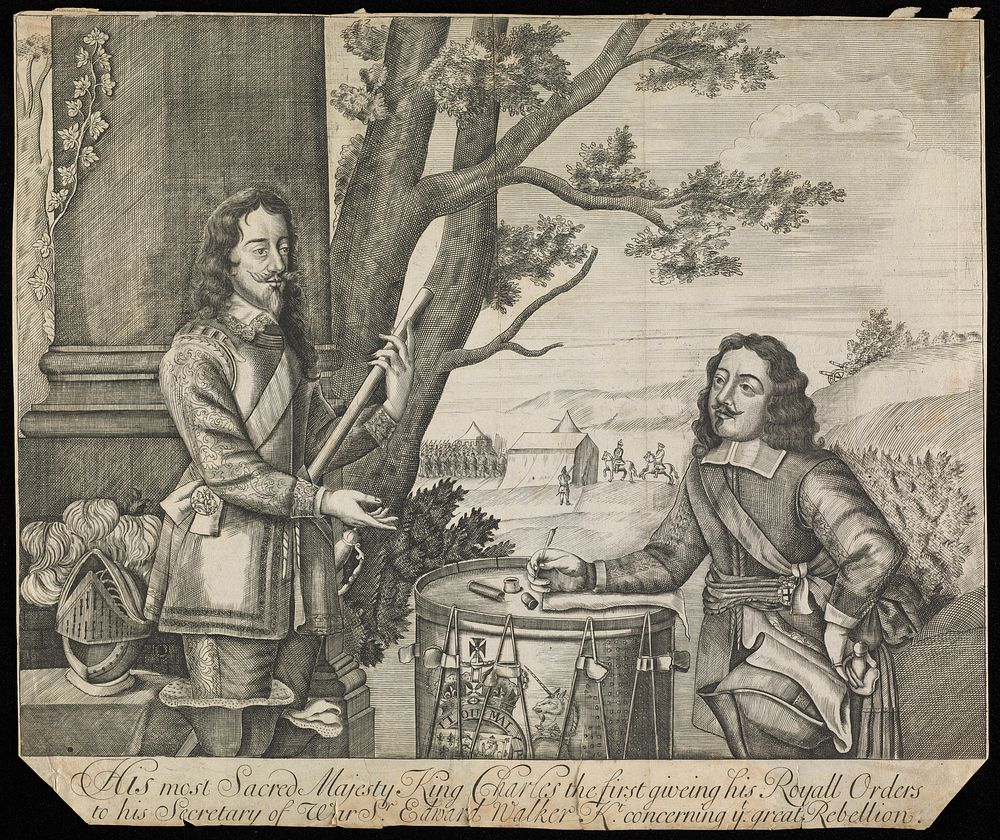 King Charles I giving orders to Sir Edward Walker during the English Civil War. Engraving, 1705.