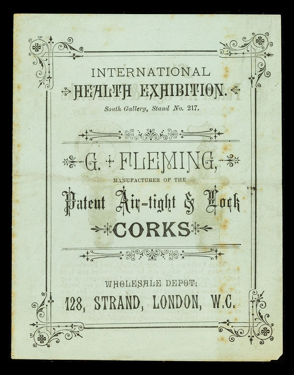 International Health Exhibition : South Gallery, Stand No. 217 : G. Fleming, manufacturer of the patent Air-Tight & Lock…