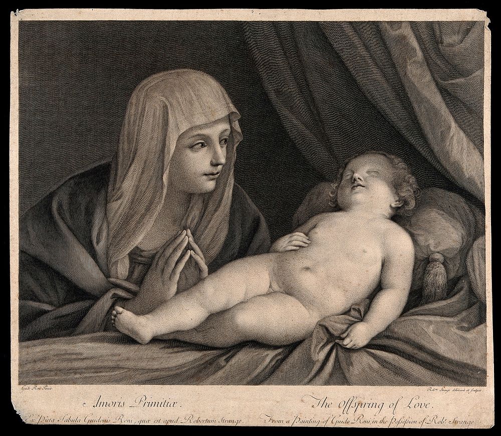 Saint Mary (the Blessed Virgin) with the sleeping Christ Child. Line engraving by R. Strange after G. Reni.