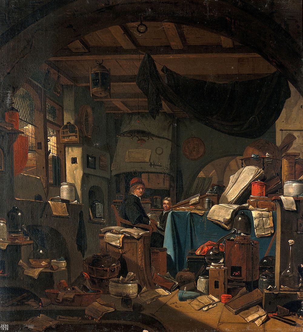 Interior with an alchemist seated at a table, looking out of the picture. Oil painting by Thomas Wijck (Thomas Wyck).