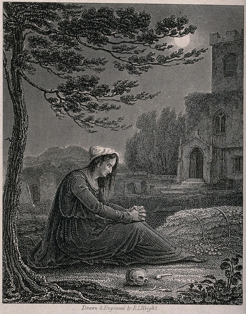 A bereaved mother mourning her dead daughter in a graveyard, stricken with remorse for having treated her harshly in her…