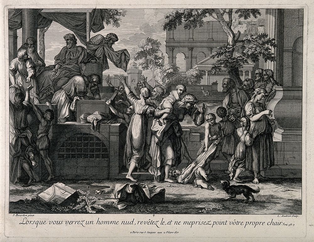 Charity being handed out in the form of clothes to the poor and needy. Line engraving by L. Audran after S. Bourdon.