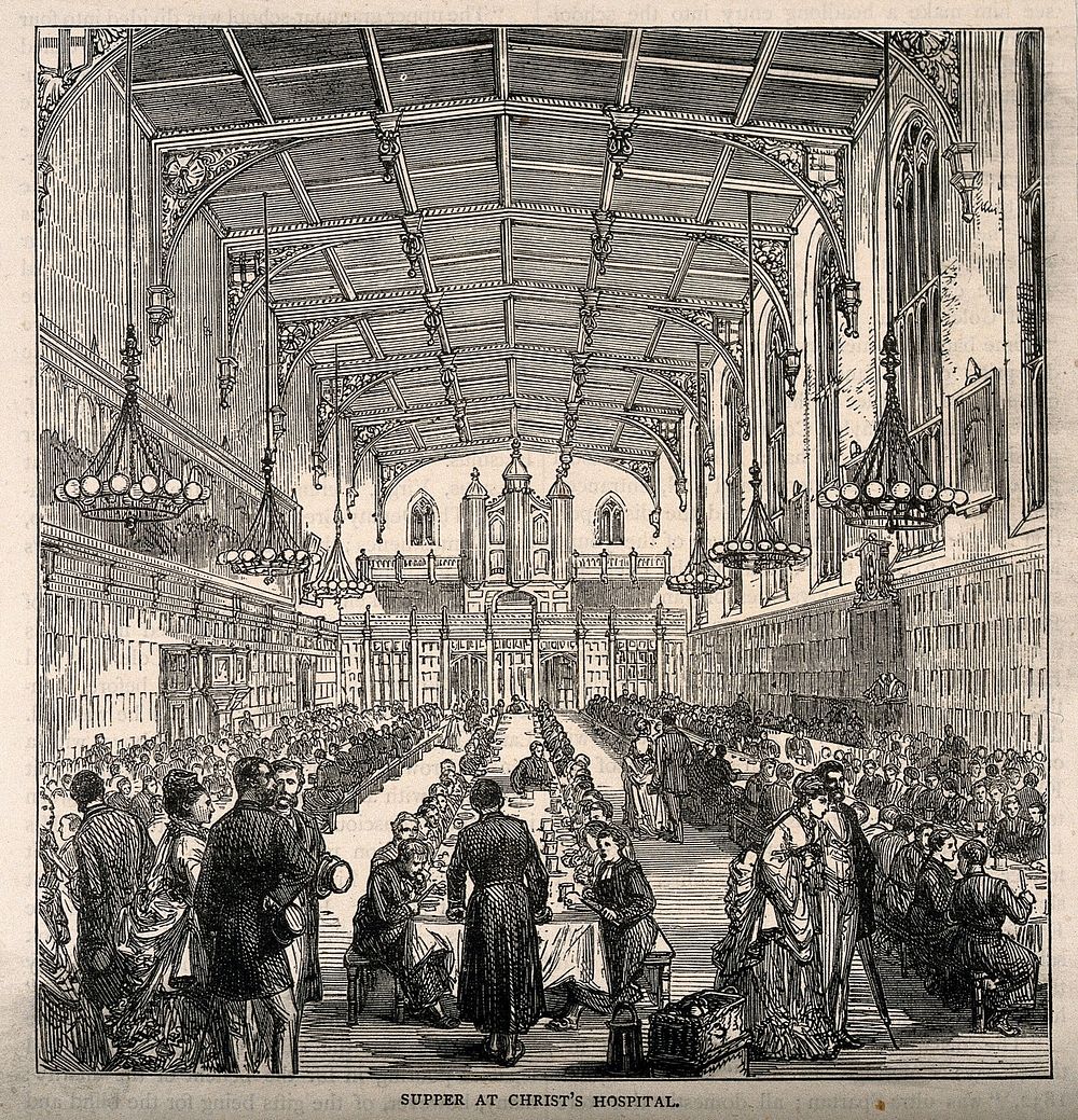 Christ's Hospital, London: the interior of the Hall with boys eating and adults looking on. Wood engraving, 1862.