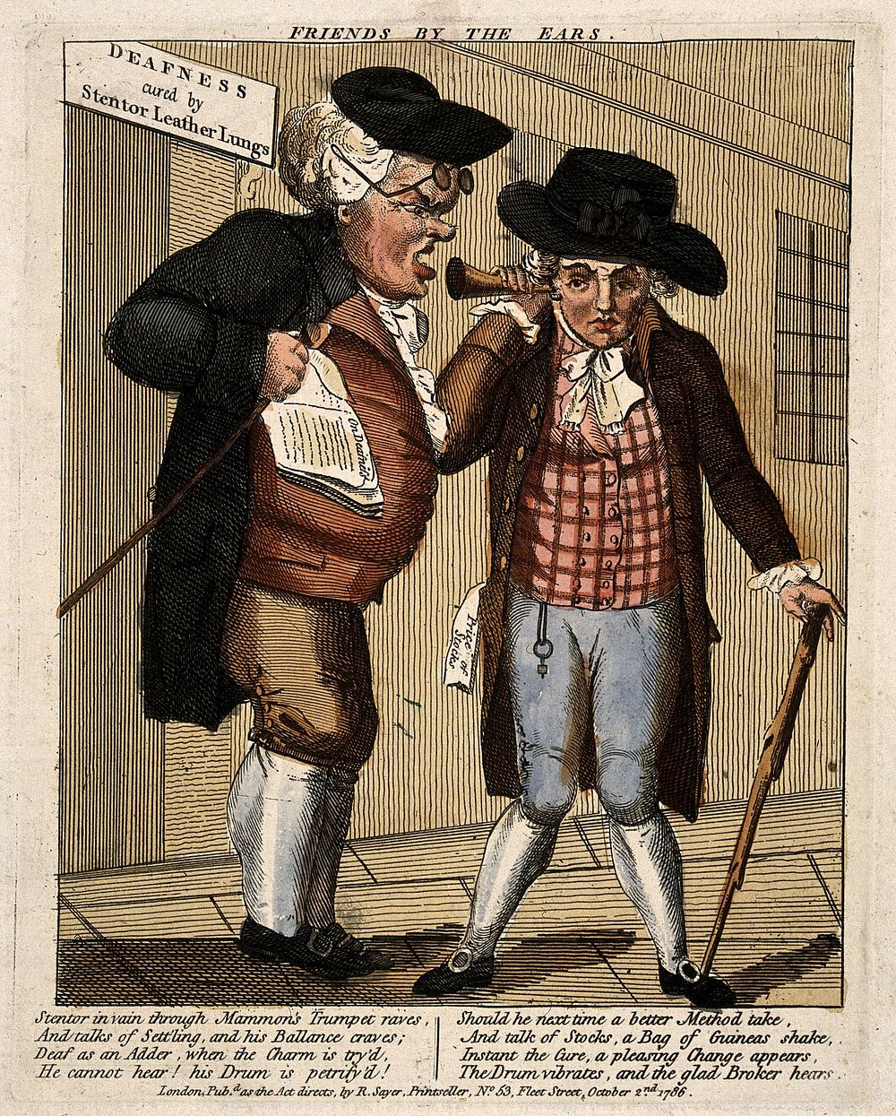 A stockbroker feigning deafness to avoid paying the man who claims to have restored his hearing. Coloured etching, 1786.