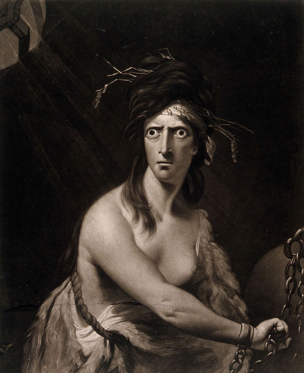 A distraught bare-breasted woman with staring eyes, straw in her hair and chained wrists, representing madness. Mezzotint by…