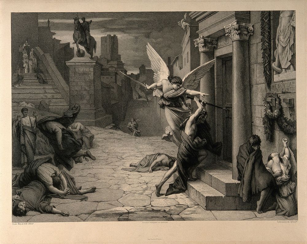 The angel of death striking a door during the plague of Rome. Engraving by J.G. Levasseur after J. Delaunay.