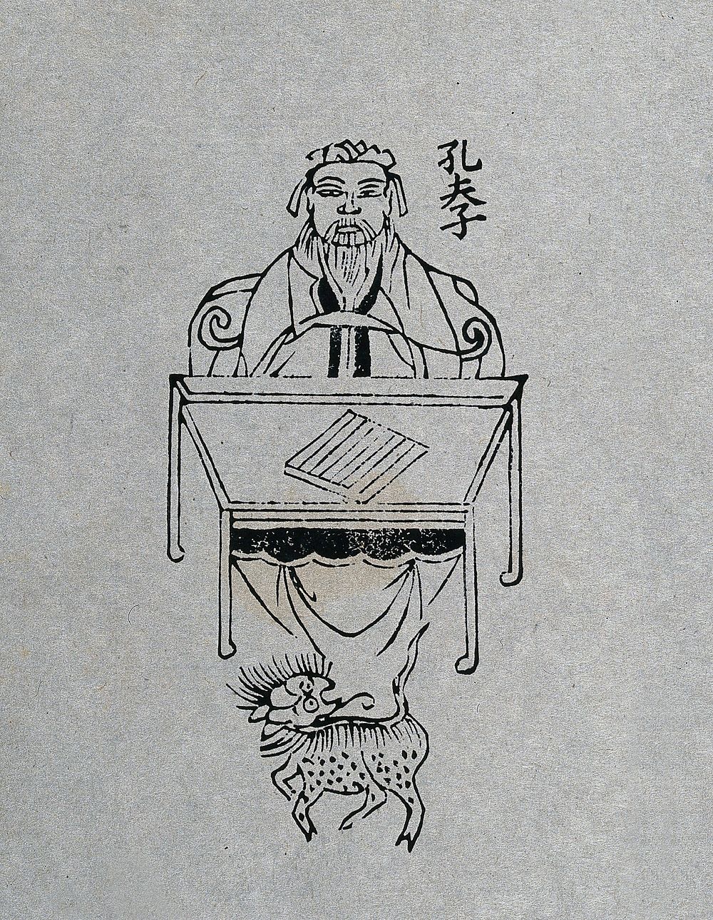 Confucius: a musical instrument  is lying on a small table in front of him; a small dog in foreground. Woodcut, 1850/1900 .