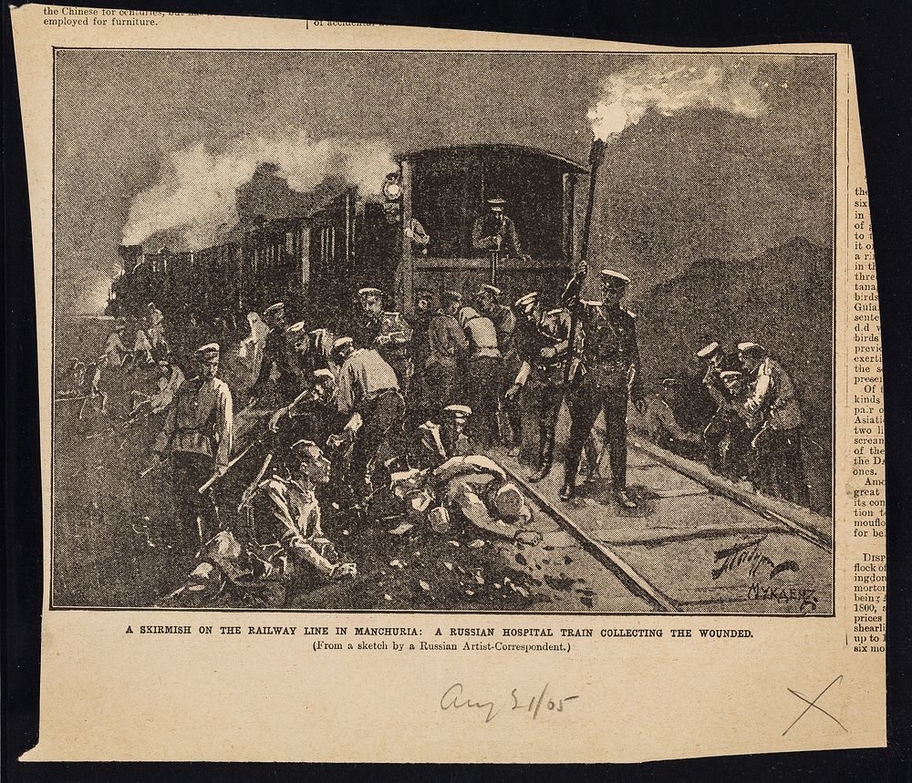 A skirmish on the railway line in Manchuria : a Russian hospital train collecting the wounded (from a sketch by a Russian…