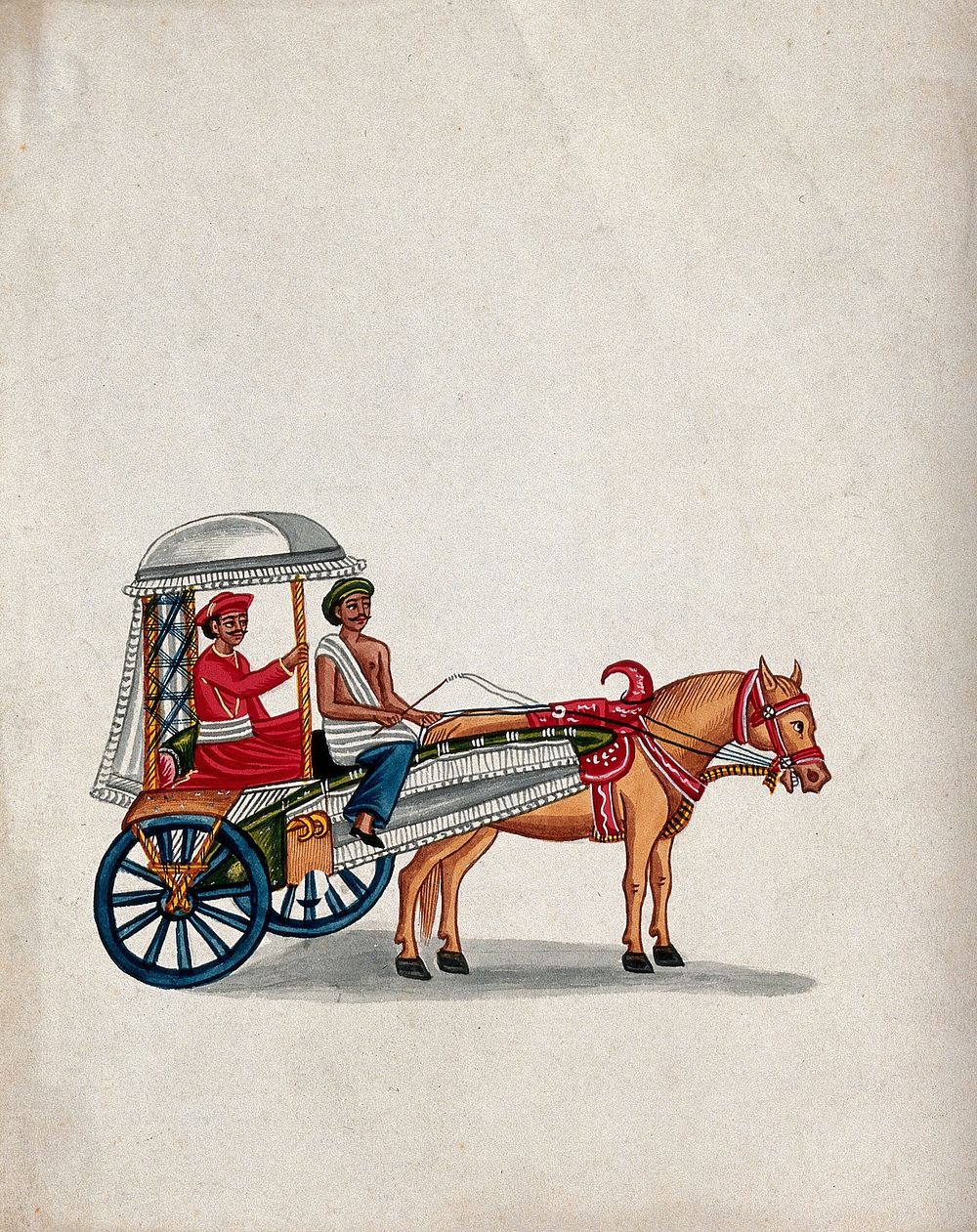 A man sitting in a small carriage pulled by a horse. Watercolour by an Indian artist.