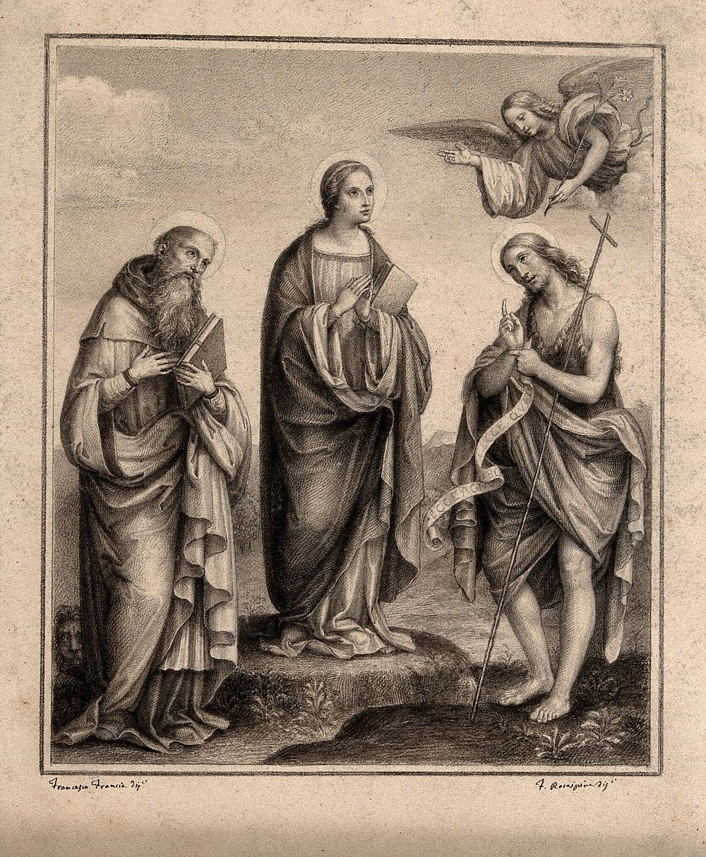Saint Jerome, Mary the Blessed Virgin, Saint John the Baptist and an angel with a lily. Drawing by F. Rosaspina, c. 1830…