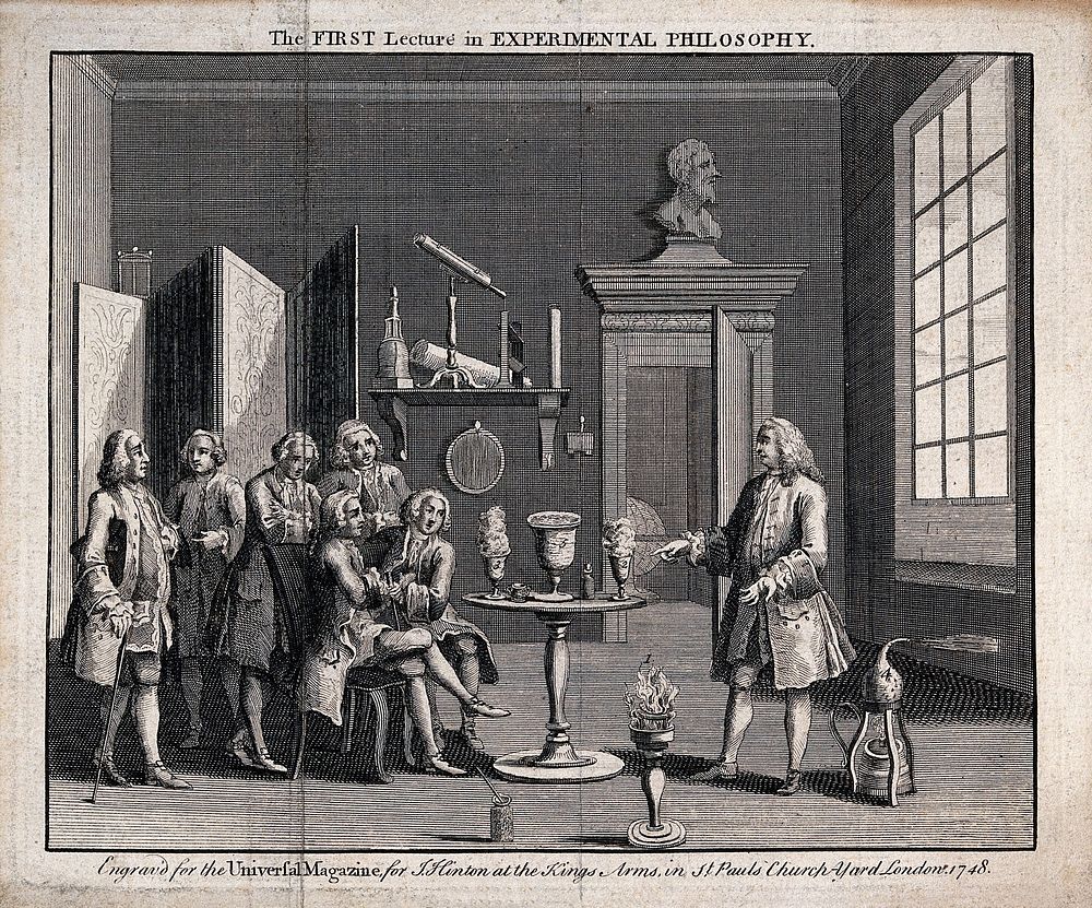 Natural and experimental philosophy: gentlemen attending to a lecture. Engraving, 1748.
