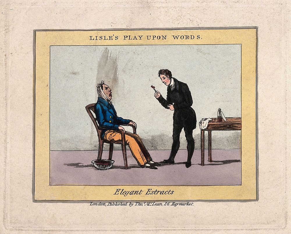 A dentist looking in horror at the size of the tooth he has just extracted from his grimacing patient. Coloured aquatint.
