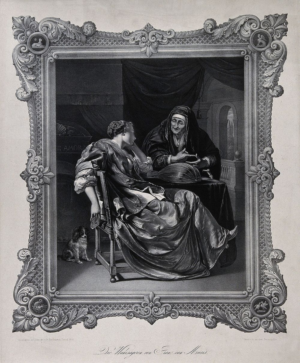 A young woman at home receiving a message from an old woman who is visiting her. Lithograph by Fr. Hanfstaengl, 1838, after…