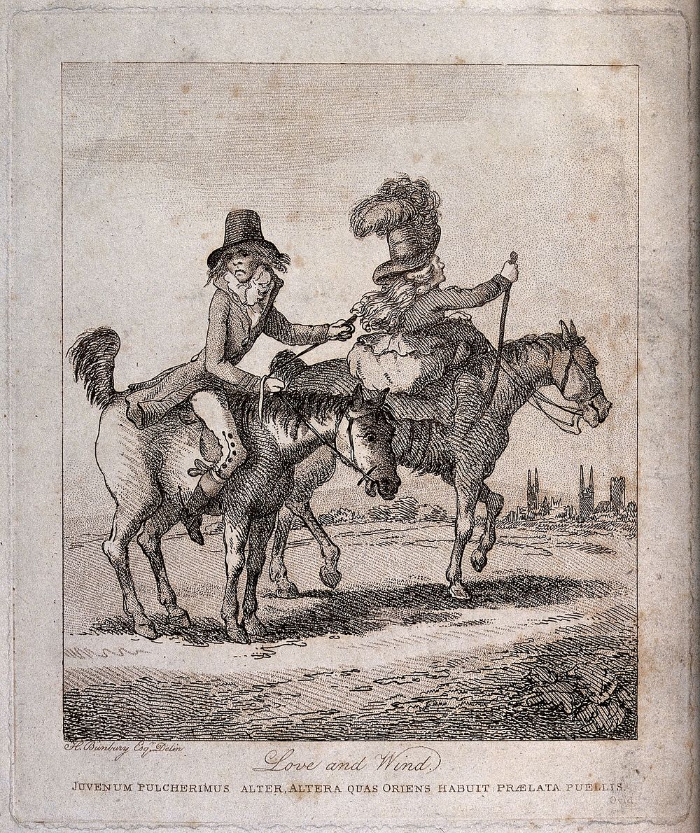 A man and a woman riding on horseback outside Cambridge: the man's horse is flatulent. Etching after H.W. Bunbury.