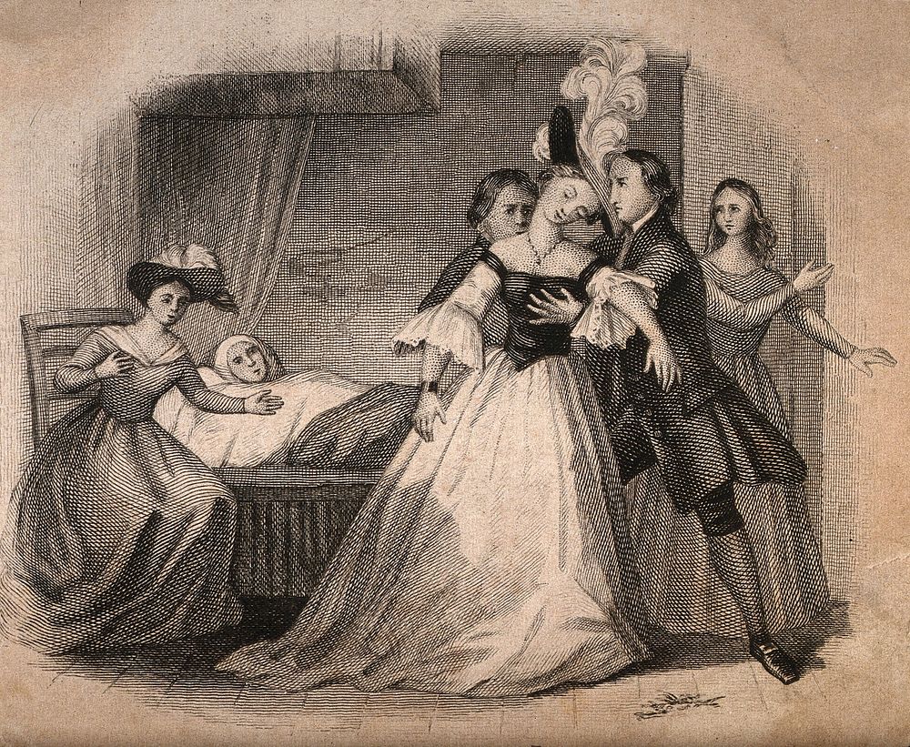 A fashionable young woman fainting into the arms of a young man at the bedside of an invalid. Engraving.