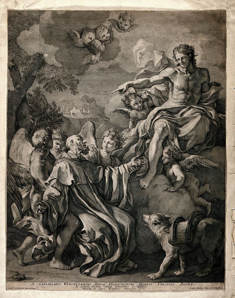 The ecstasy of Saint William of Vercelli. Engraving by Giuseppe Magliar after F. Solimena.