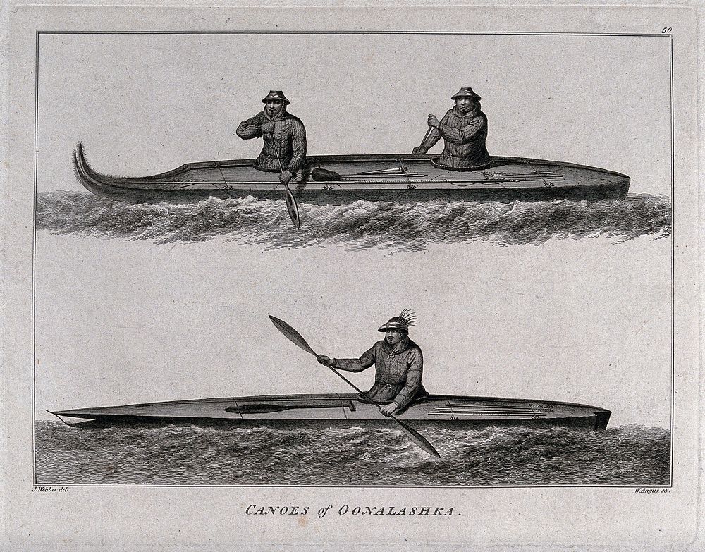 Men at Unalaska, Alaska, in canoes; encountered by Captain Cook on his third voyage (1777-1780). Engraving by W. Angus…