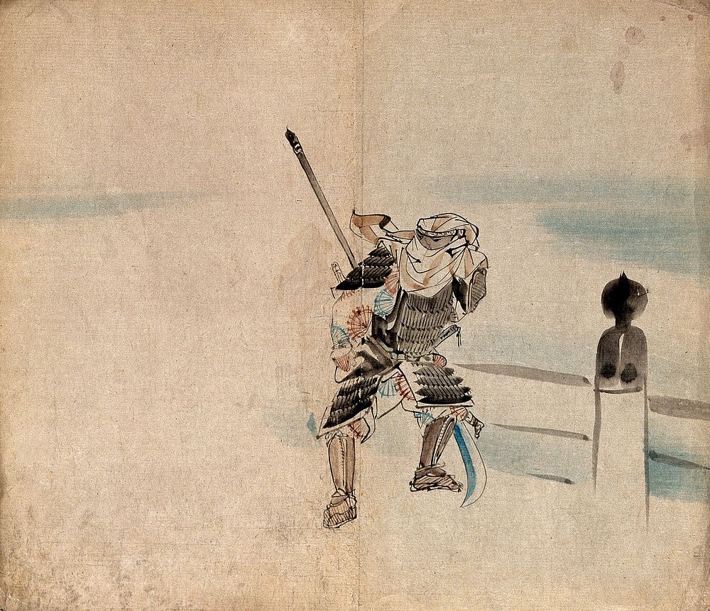 A Japanese Samurai warrior in his armour. Watercolour.